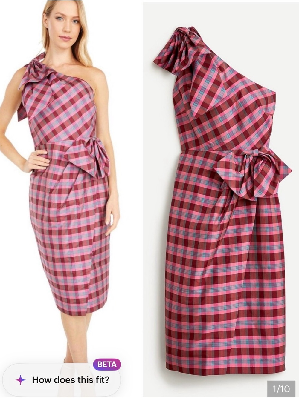 J. Crew Ocho One-shoulder Midi dress in Fuchsia Wine plaid